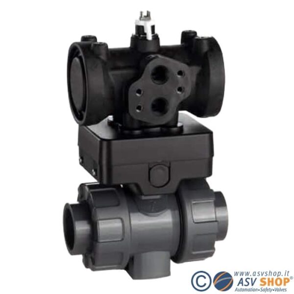 Valvola a sfera C200 in PVC con motore pneumatico Valvola a sfera in PVC collegata a un motore pneumatico.