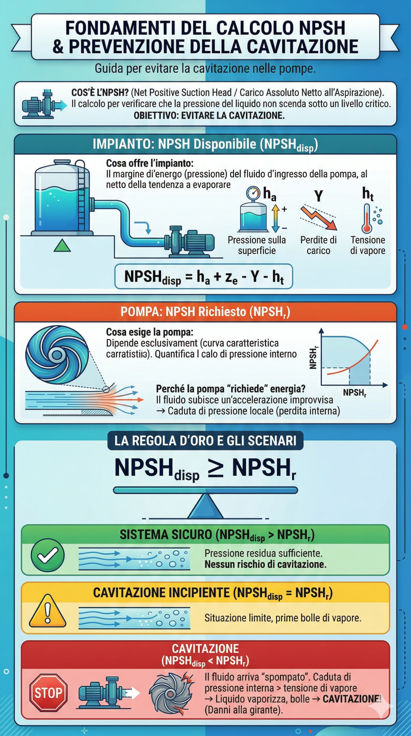 Infografica NPSH disponibile e NPSH richiesto pompa centrifuga Schema NPSH disponibile e NPSH richiesto pompa centrifuga