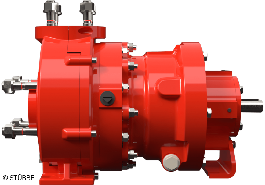 Pompa centrifuga a trascinamento magnetico Stubbe con corpo in metallo rivestito rosso, completa di motore elettrico