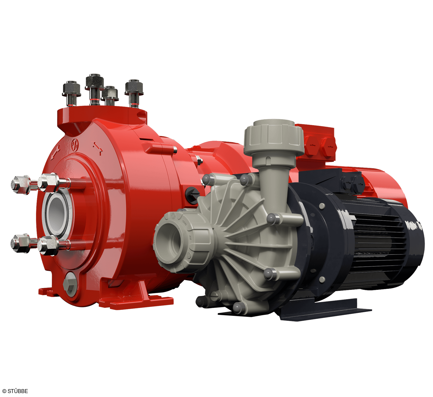 Due pompe centrifughe a trascinamento magnetico Stubbe affiancate: in secondo piano il modello con corpo in metallo rivestito rosso, in primo piano la pompa SHM compatta in polipropilene grigio, entrambe con motore elettrico