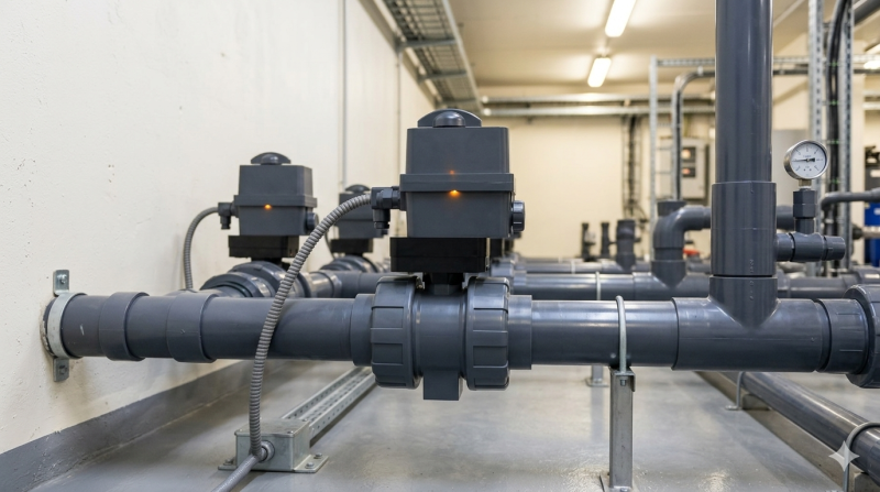 C_200_elettrica_impianto Spazio per immagine: installazione valvola motorizzata in impianto trattamento acque, tubazione in PVC grigio