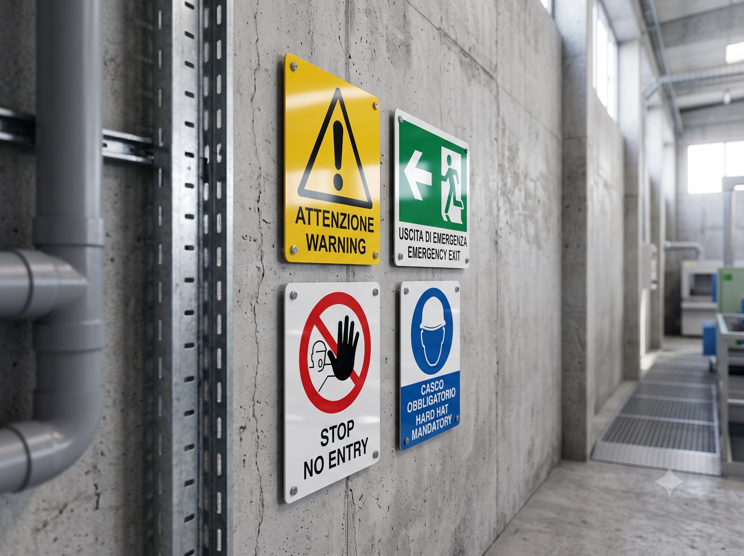 Tipologie di segnaletica di sicurezza ISO 7010 in ambiente industriale Quattro cartelli di sicurezza ISO 7010 (avvertimento, uscita di emergenza, divieto, casco obbligatorio) montati su parete in cemento in un impianto industriale